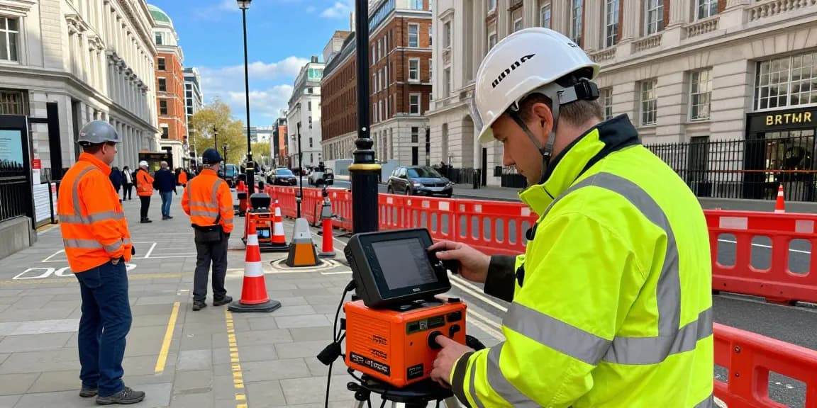 GPR Utility Surveys PAS128 Sussex, professional surveyor scanning London's urban landscape with advanced GPR technology.