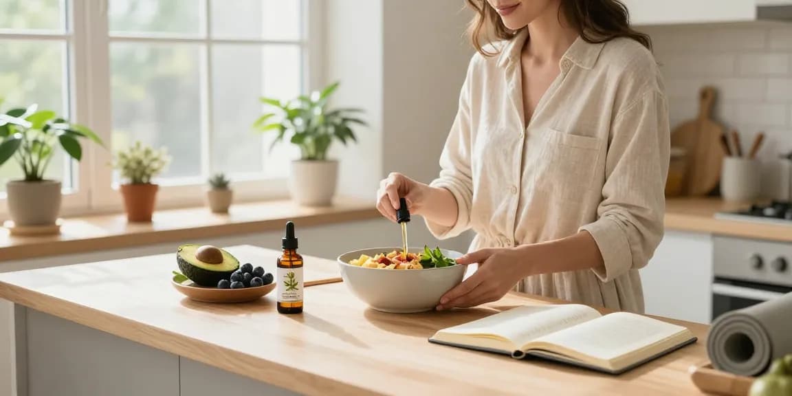 Strong THC vapes UK in a wellness scene with CBD oil, hemp extract, and natural ingredients for a healthy lifestyle.