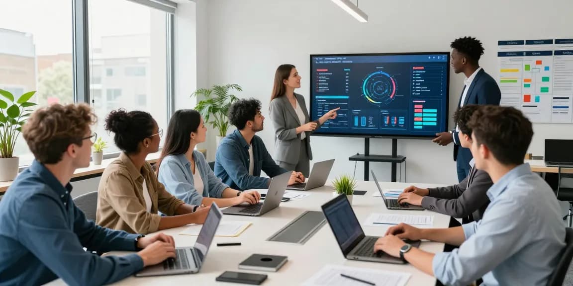 Team collaborating in a modern office on managed IT services London strategies with data displays and laptops.