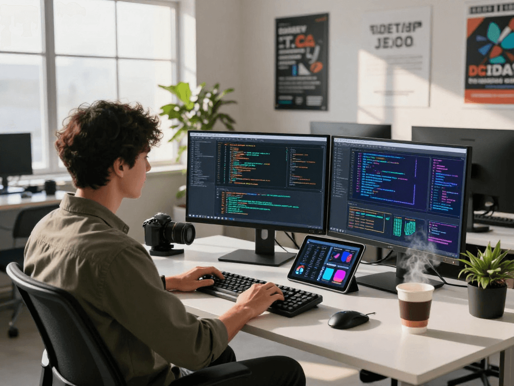 Software developer coding in a tech workspace, showcasing nsfw ai algorithms on dual monitors amidst a modern office setting.