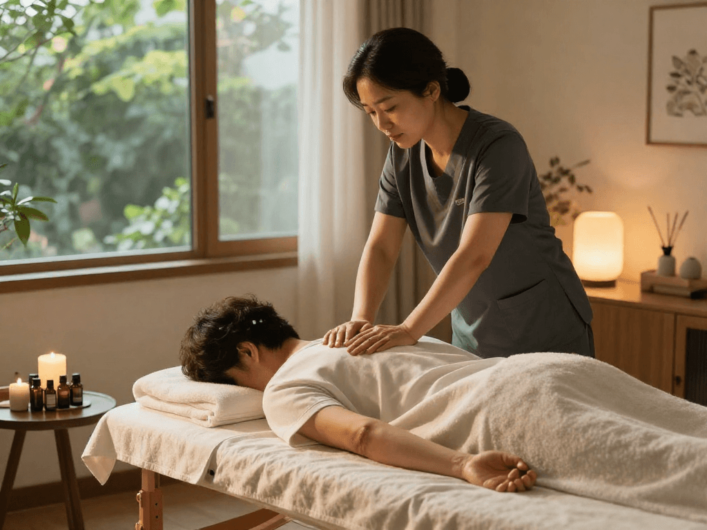 Experience premium 판교출장마사지 in a relaxing home setting with a professional therapist, creating a tranquil atmosphere.