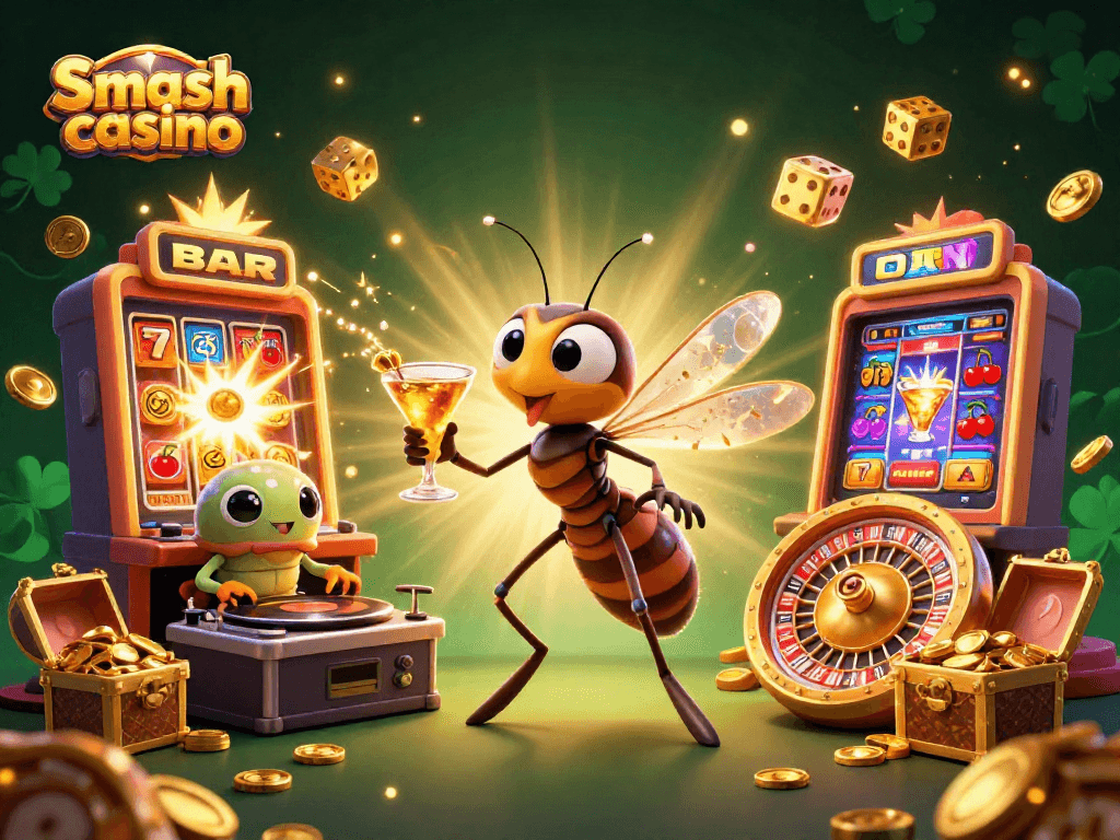 Spin the wheel of fortune at Smash Casino, featuring vibrant 3D characters and thrilling casino elements.