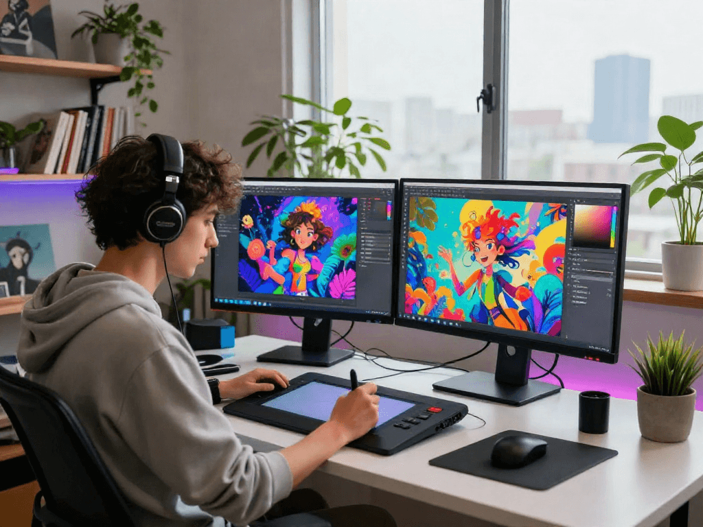 Creating NSFW AI artwork in a vibrant digital art studio with creative elements.