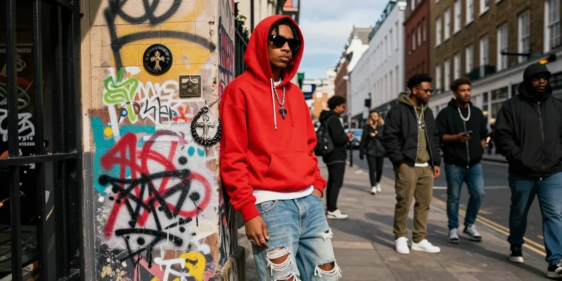 Stylish person wearing a Chrome Hearts hoodie in an urban London setting with vibrant street art.
