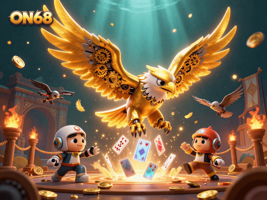 ON68 evokes excitement in a thrilling 3D casino scene with a golden eagle amidst playing cards.
