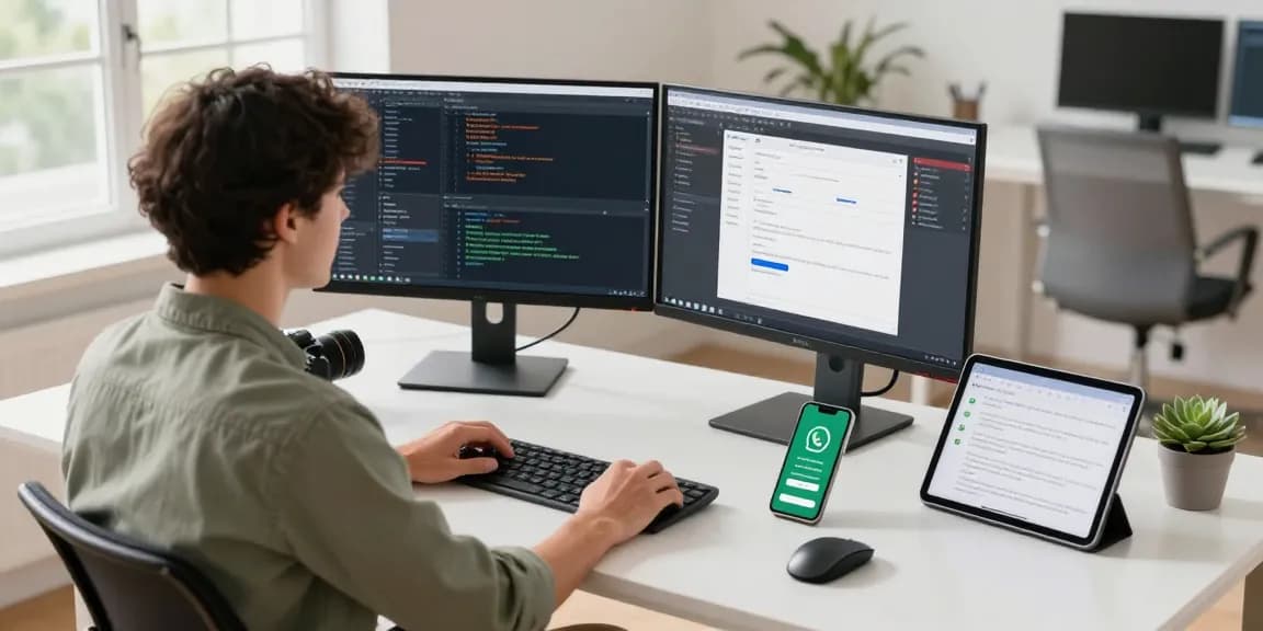 Engaged developer coding and managing WhatsApp下載 on dual screens in a modern office.