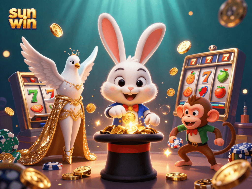 Experience the excitement of sun win with a magician rabbit and slot reels, rich in detail and color.