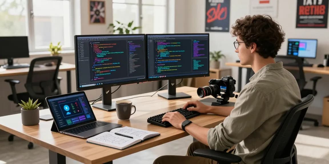 Developer using AI tools 2026 at a modern tech workspace with dual monitors and coding setup.