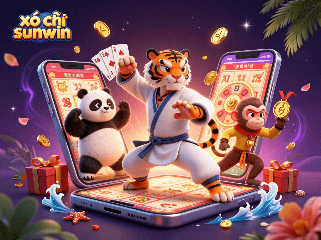 Engage in the excitement of xổ số sunwin lottery as 3D characters celebrate a win amidst vibrant game elements.