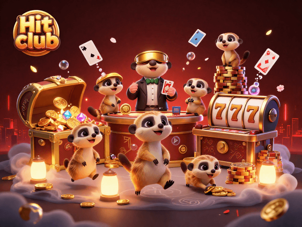 Hit club meerkats engage in vibrant casino action amidst floating cards and slot reels.