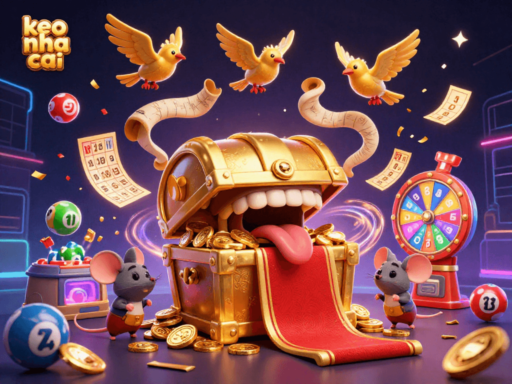 Join the adventure of keo nha cai with a treasure chest, mice, and festive casino elements!