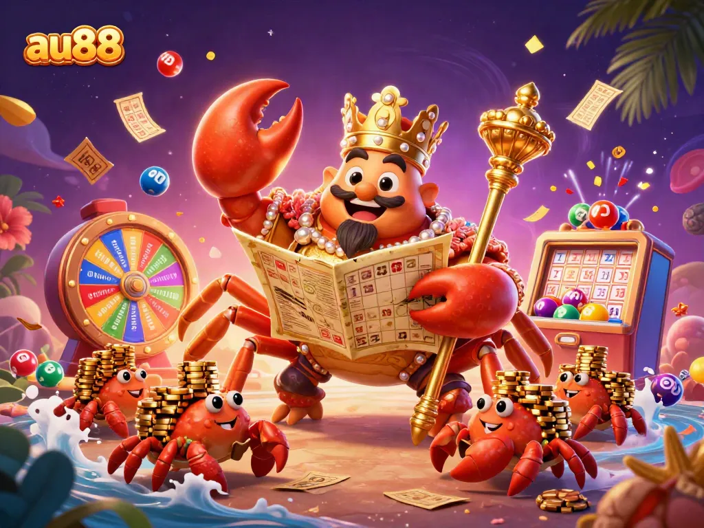 Engage in thrilling gameplay at au88, featuring a dynamic 3D illustration of a crab emperor surrounded by vibrant lottery elements and golden riches.