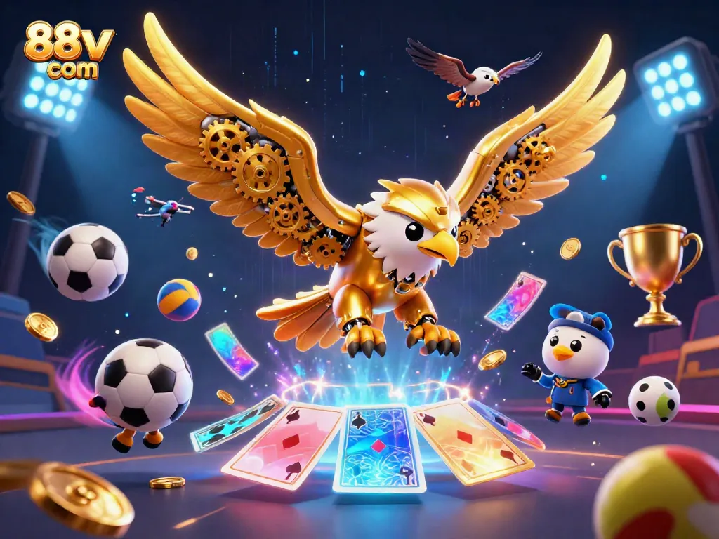 Engage with thrilling action at 88vv com, featuring a cybernetic eagle and dynamic sports elements in casino illustration.