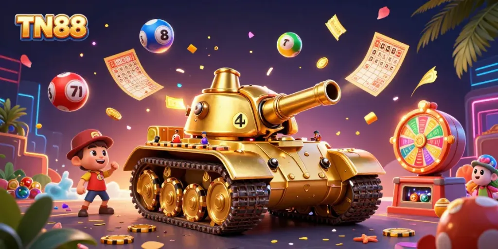 Engage in TN88 gaming excitement with a vibrant 3D casino illustration packed with lottery and bingo elements.