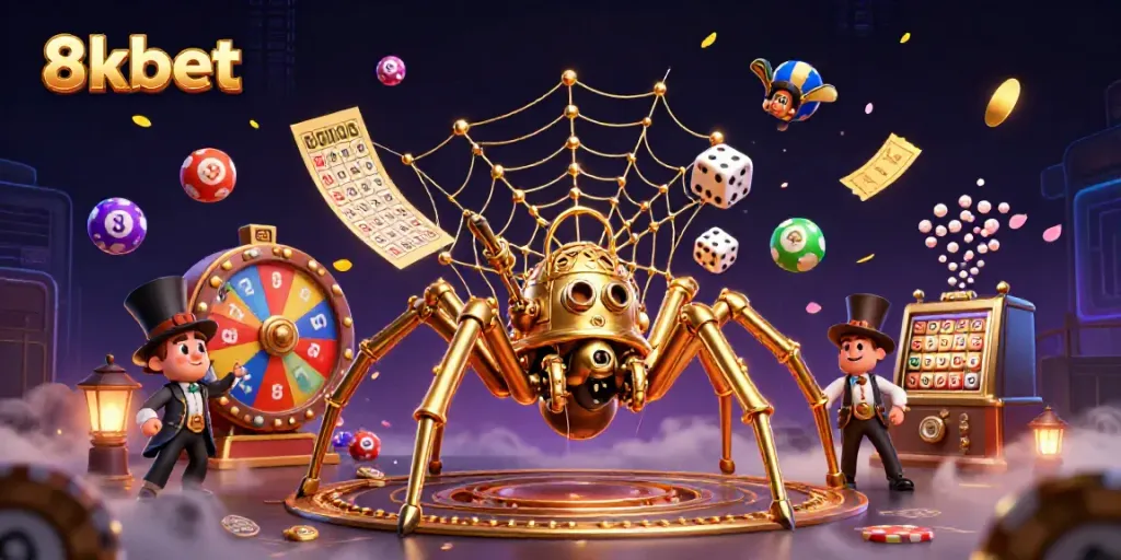 Engage with 8xbet's vibrant digital casino world featuring an intricate steampunk spider and lively game elements.