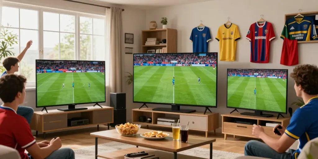 Fans celebrating while watching Thapcamtv's live football match in a cozy setting.