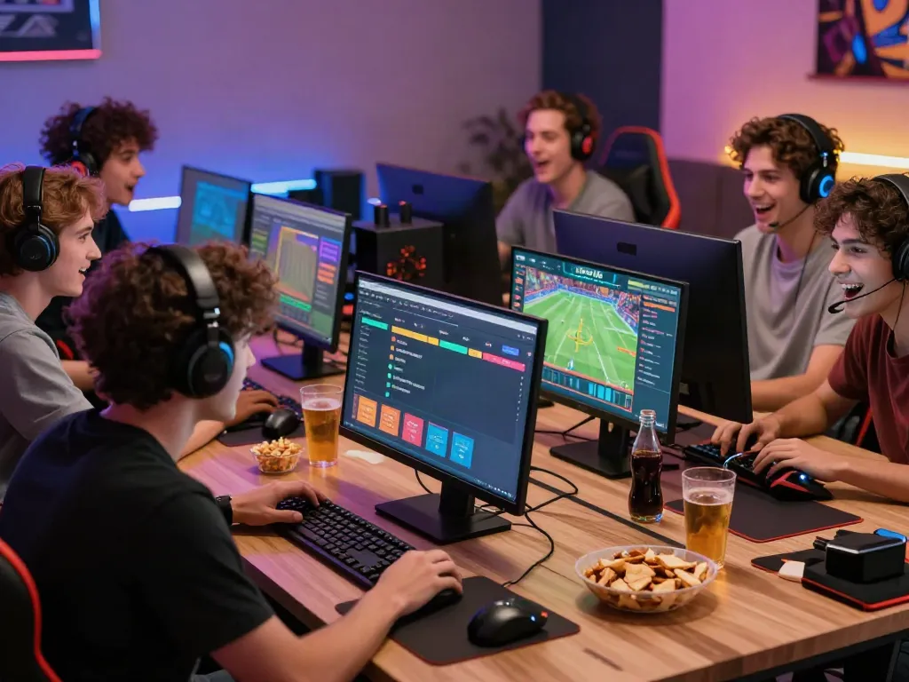 Online gaming excitement with friends betting on https://debet.gb.net/ in a cozy room.