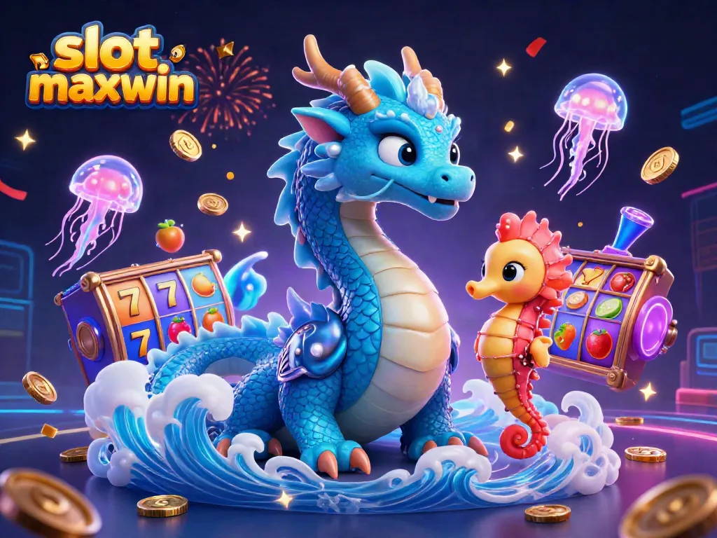 Experience winning action with slot maxwin, featuring vibrant slot reels, a dragon, and golden shower of coins.