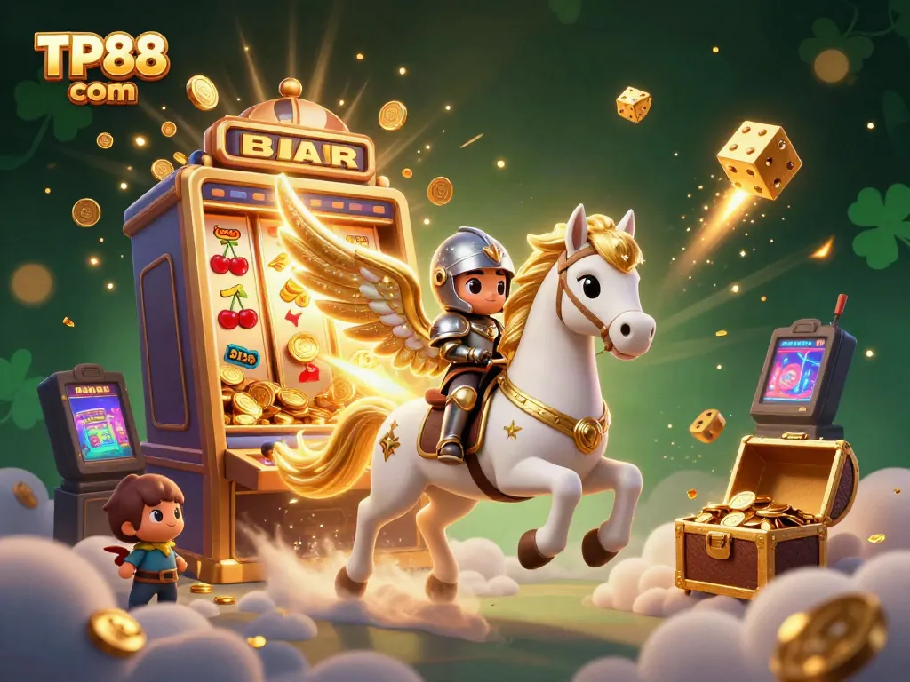 Experience excitement with TP88 com as the celestial horse and knight navigate a vibrant casino world.