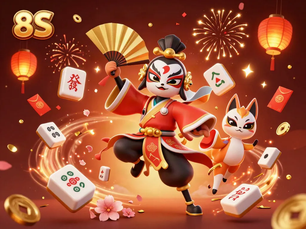 Engage with the lively 8S casino scene featuring kabuki characters amidst festive decorations