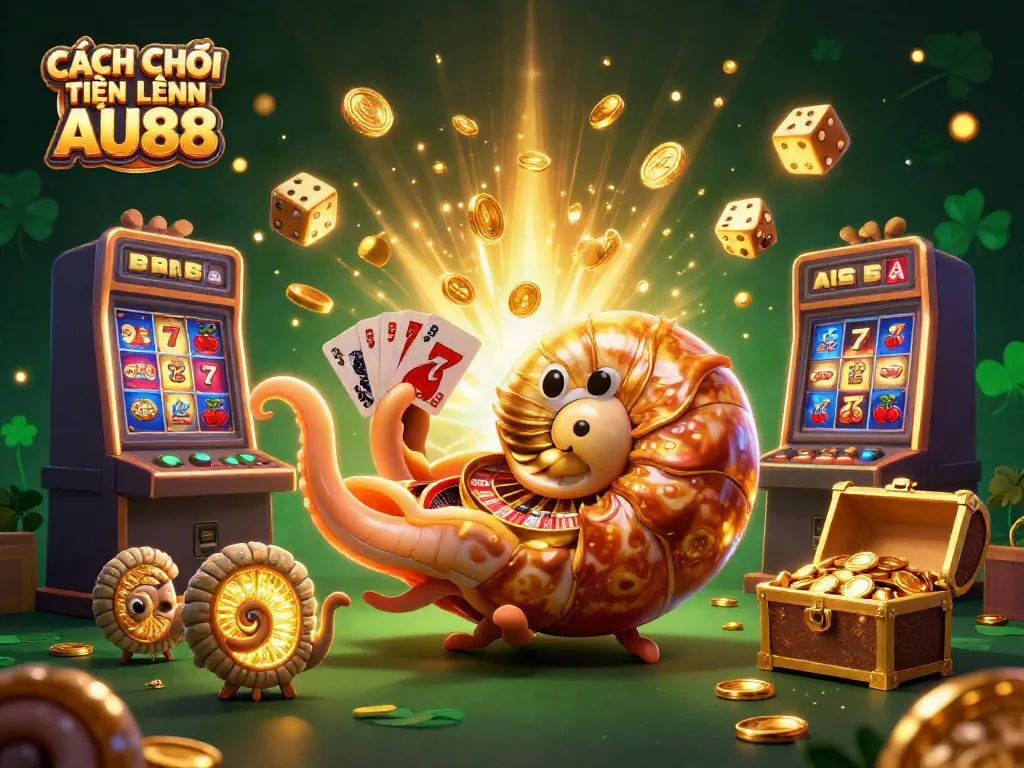 Experience thrilling gameplay with CÁCH CHƠI TIẾN LÊN AU88 amidst vibrant casino elements in stunning 3D.