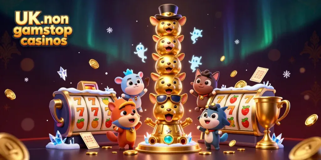 Engaging 3D illustration showcasing UK non gamstop casinos with cartoon totem pole and vibrant gaming elements.