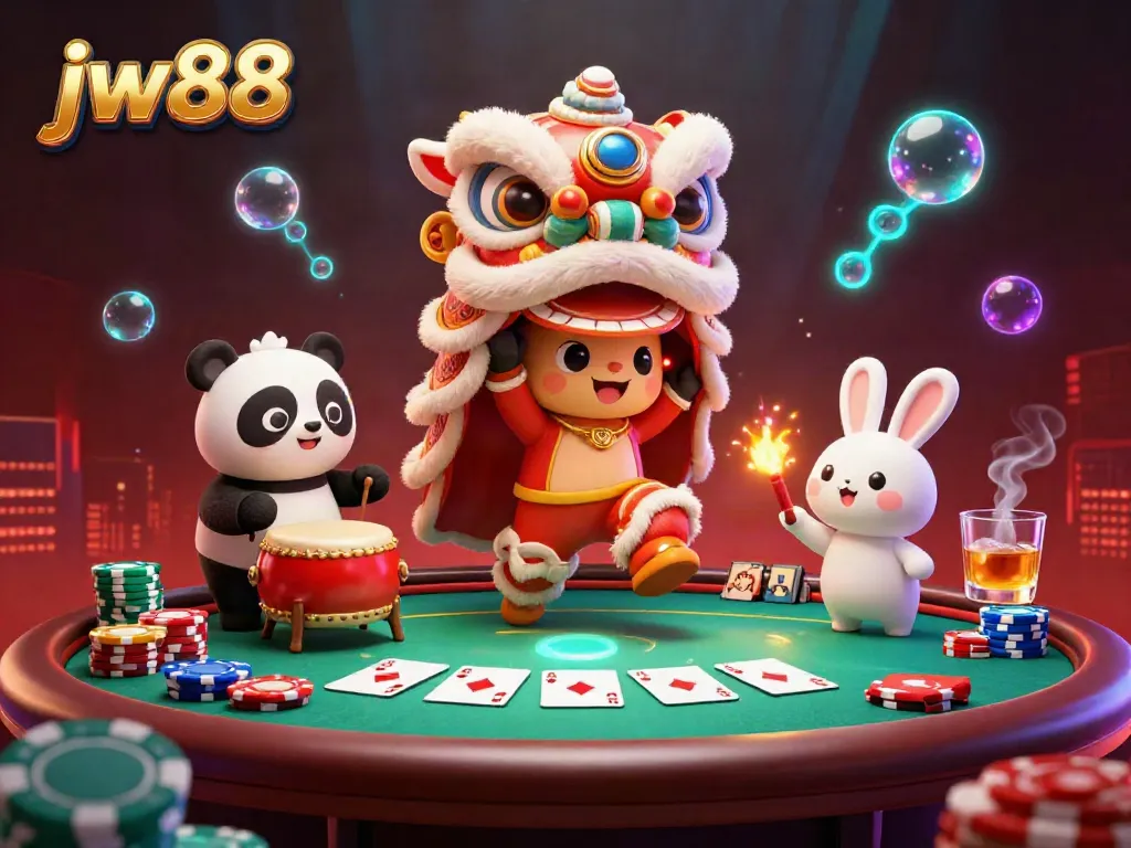 Experience vibrant gaming action with jw88’s festive lion dance, poker chips, and aces.