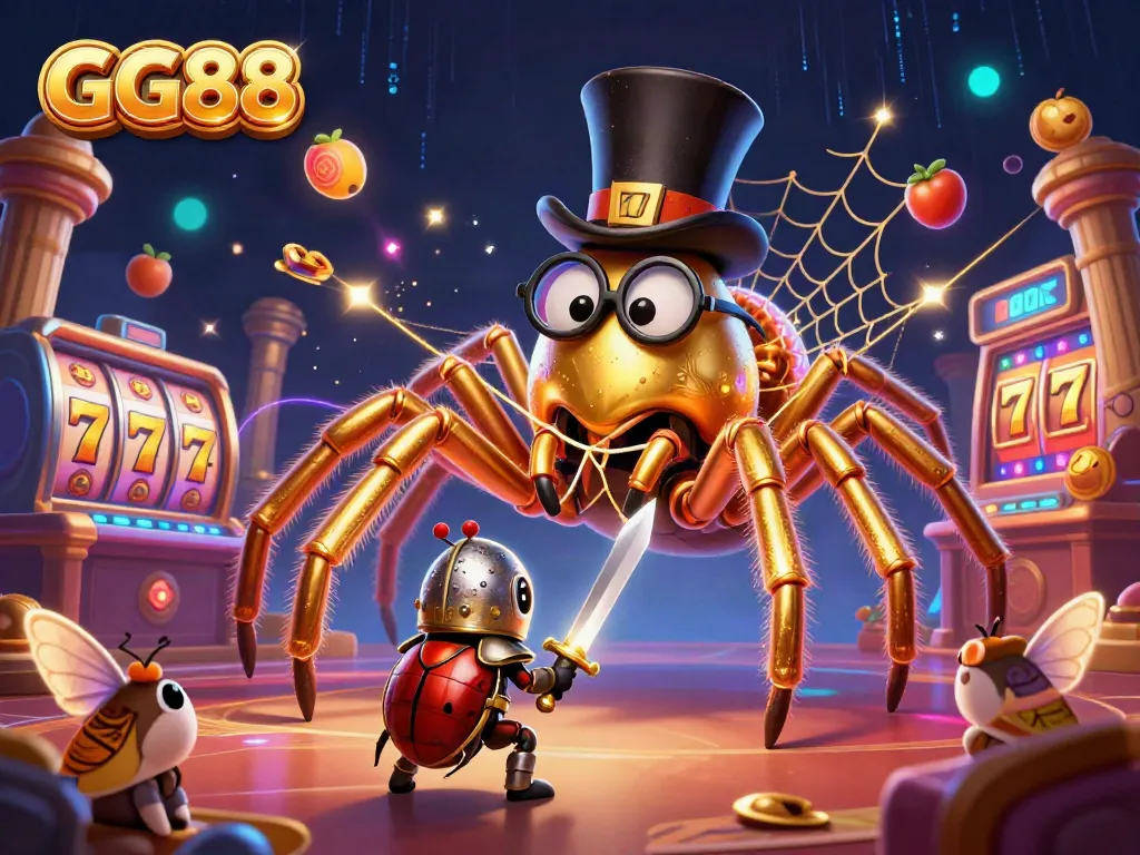 Engage with GG88's vibrant casino scene featuring a golden tarantula and a knight.