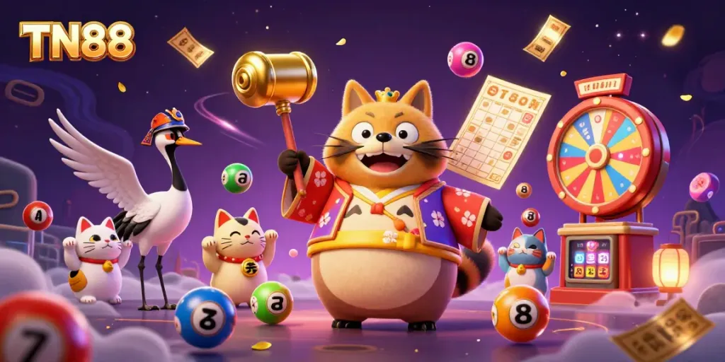 Engage with TN88: lively scene of a cheerful tanuki and friends celebrating a bingo win.