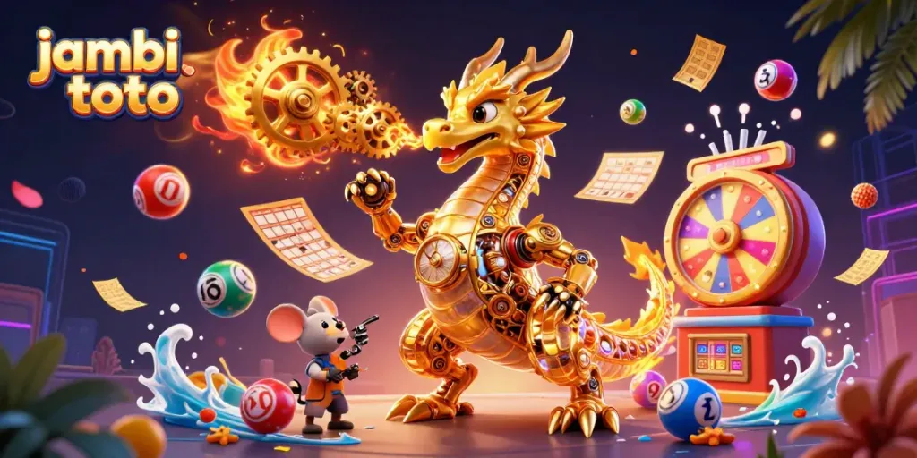 Engage in thrilling action with jambi toto, featuring vibrant lottery elements and a mythical dragon.