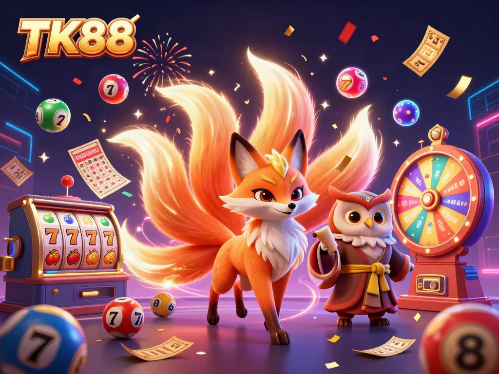 Experience the vibrant TK88 gaming scene with a magical nine-tailed fox, owl sage, and lively lottery elements.