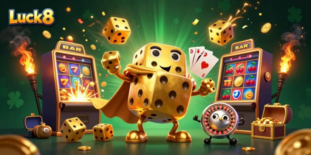 Engage in a thrilling Luck8 gaming experience with dynamic characters and vibrant casino elements.