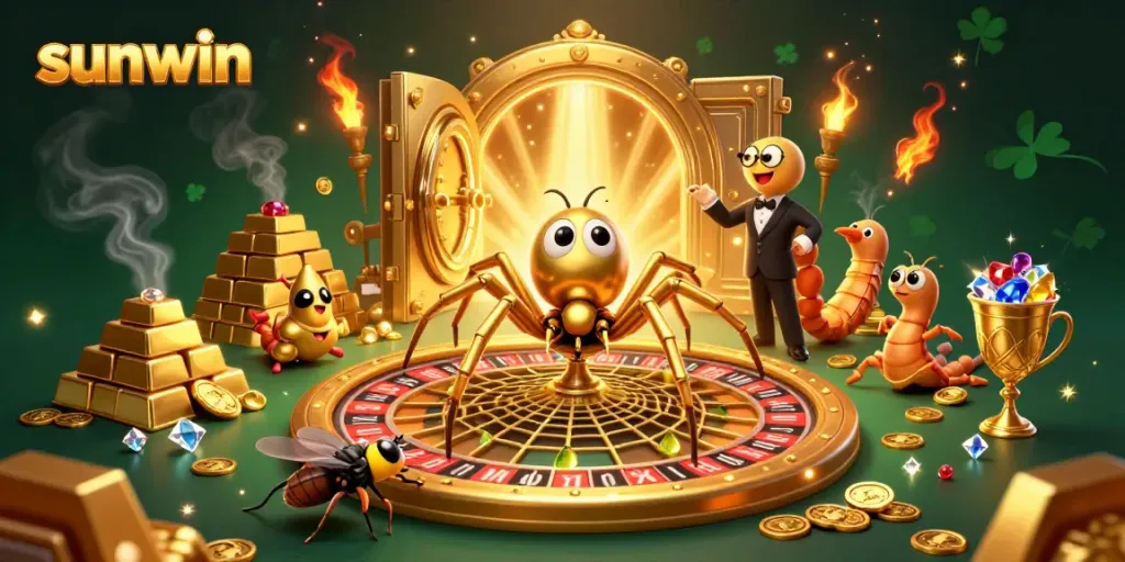 Experience the excitement of betting at sunwin, with a colorful cartoon scene of a spider spinning a roulette wheel.