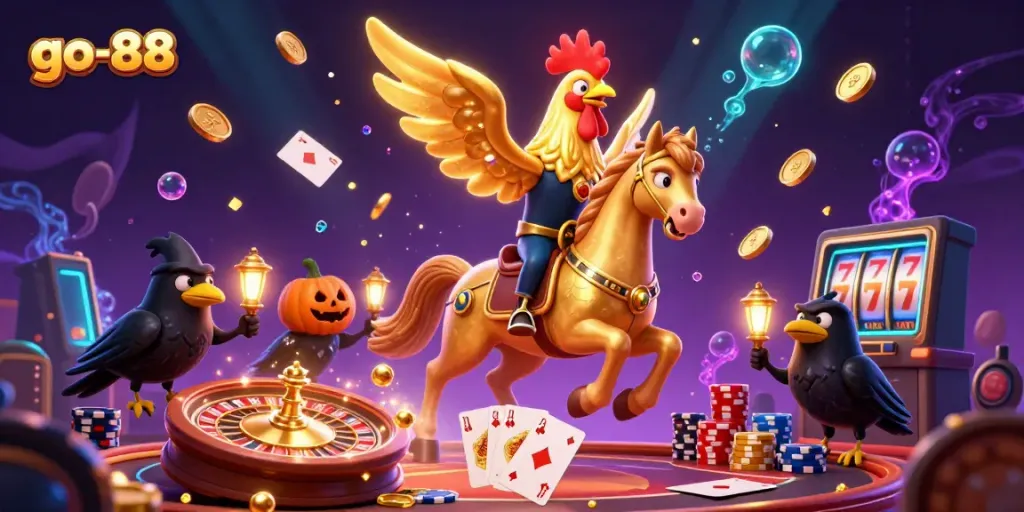 Experience the thrilling atmosphere of go-88 with a golden rooster and spectral horse while cascading coins and gems surround them.