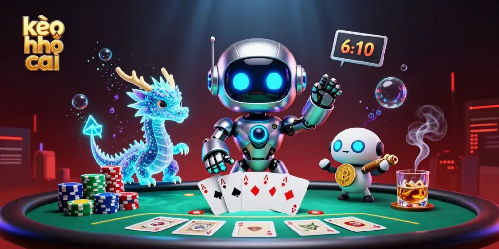 Experience the energy of kèo nhà cái with futuristic characters and vibrant casino elements in a dynamic scene.