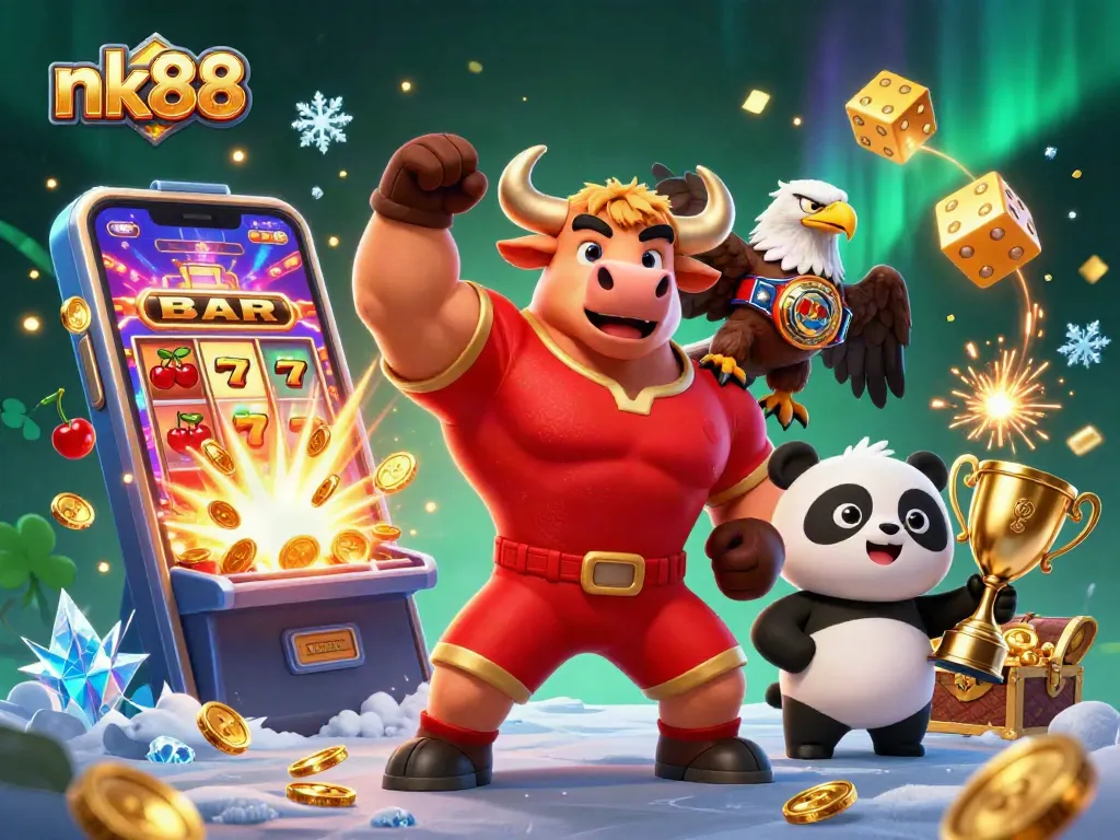 nk88's animated celebration with a bull, eagle, and panda amid a vibrant casino scene.