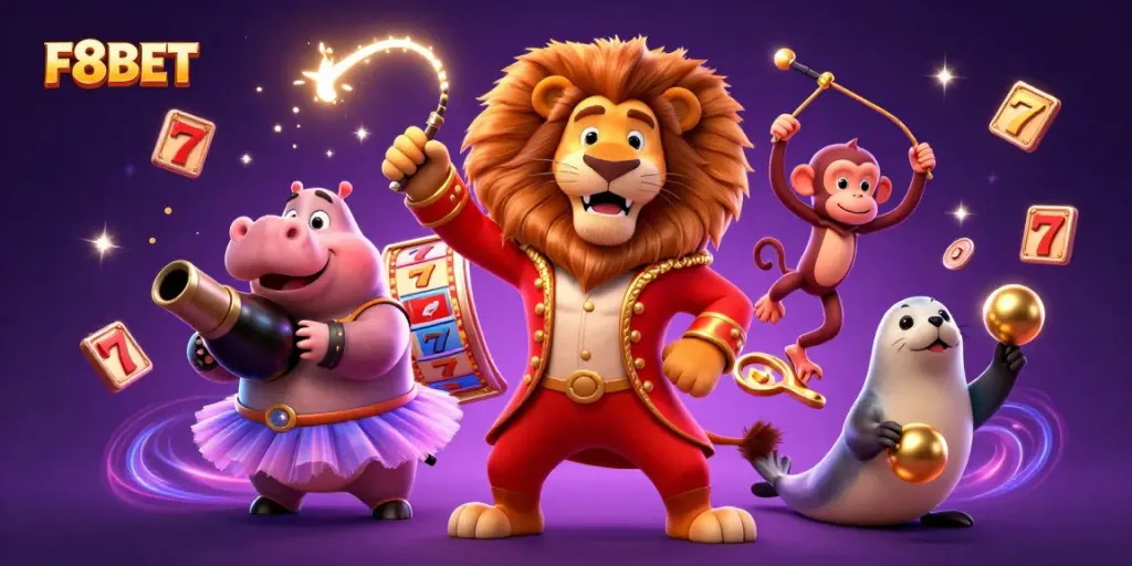 Experience the vibrant casino atmosphere with F8BET as a cartoon ringmaster lion leads exciting game elements.