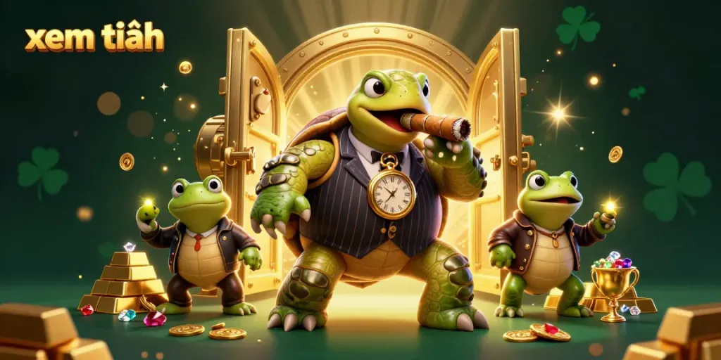 Engage with xem thêm in a vibrant casino scene featuring a snapping turtle in a mobster suit with gold treasures.