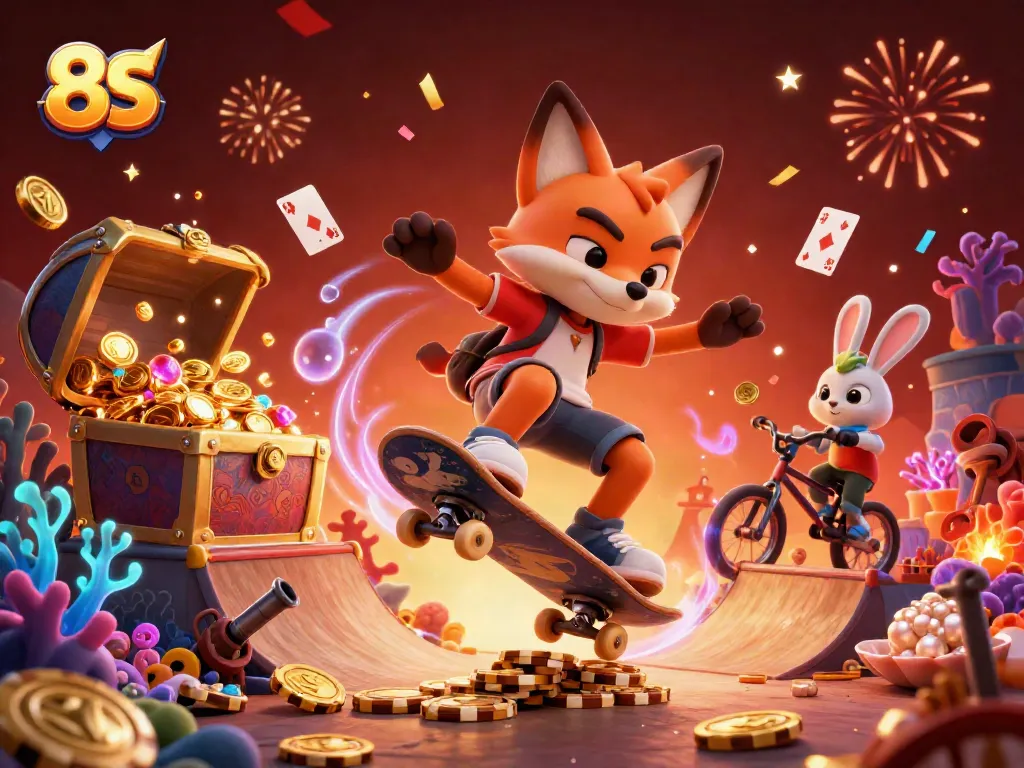 Experience the thrill of 8S with vibrant characters and casino elements in a dynamic celebration.