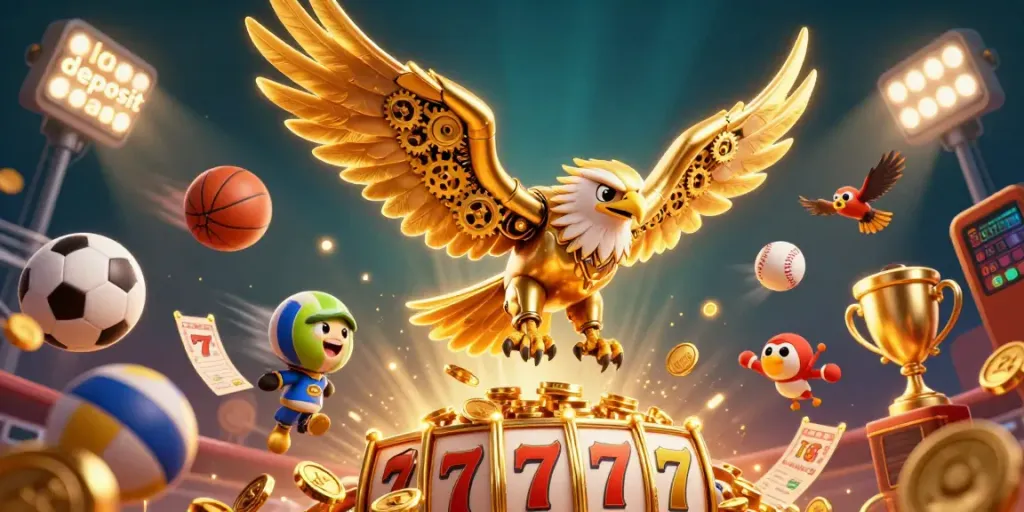 Engage with slot deposit dana features showcased in dynamic 3D illustration with golden eagle, casino items, and rich details.