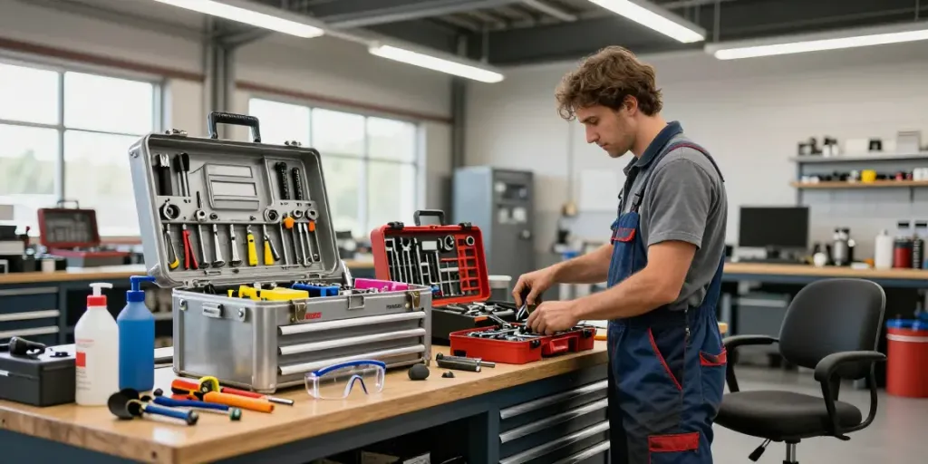 Organized automotive workspace featuring a HAZET tool box among tools and safety gear.