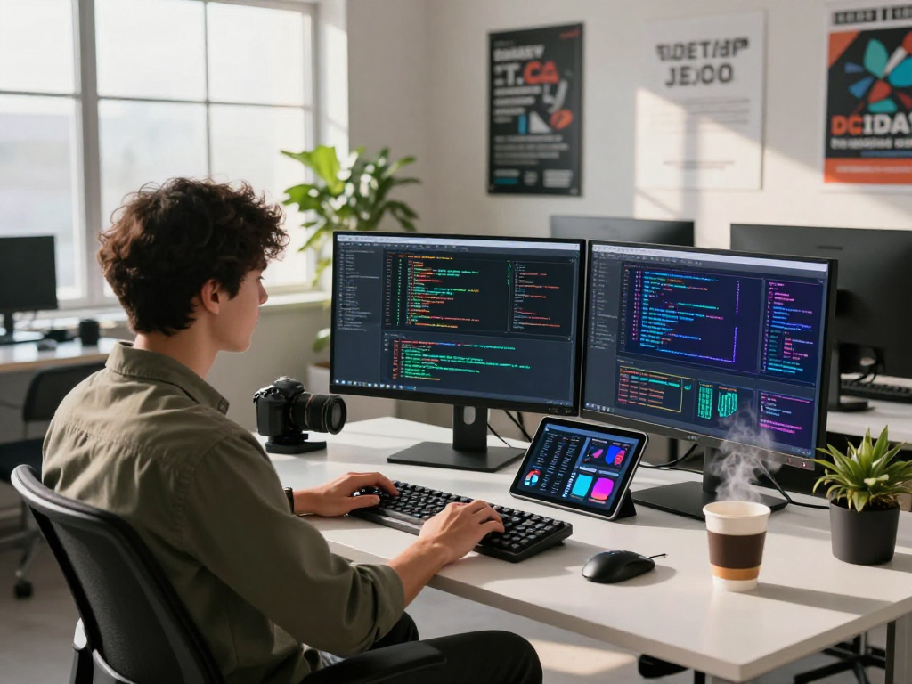 Software developer coding in a tech workspace, showcasing nsfw ai algorithms on dual monitors amidst a modern office setting.