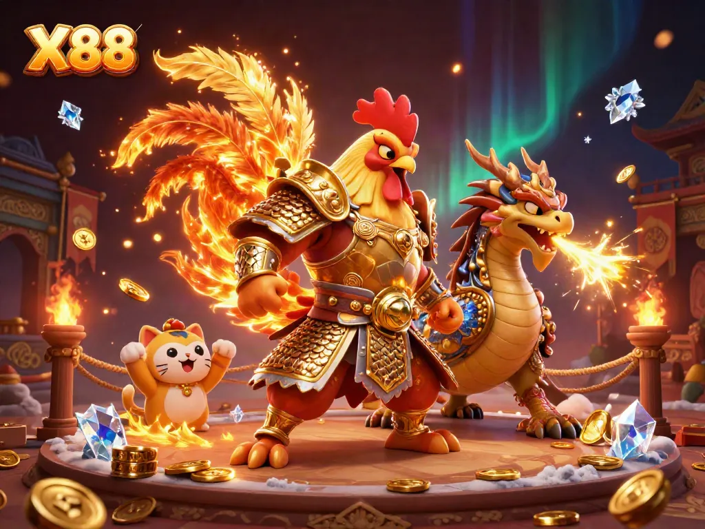 Engage players with X88's vibrant casino illustration featuring dynamic characters and rich details.