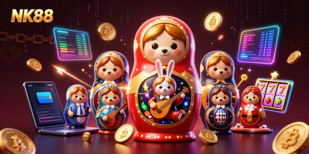 Engage in NK88's vibrant casino scene filled with charming characters and cryptocurrency elements.