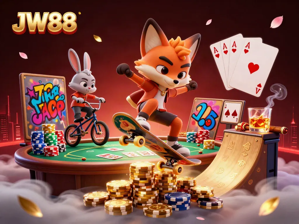 Experience thrilling gameplay at JW88 with a vibrant 3D casino illustration featuring engaging characters and rich details.