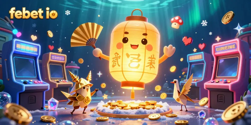 Experience the excitement at febet io with a lively 3D casino scene featuring golden lantern spirit and arcade games.