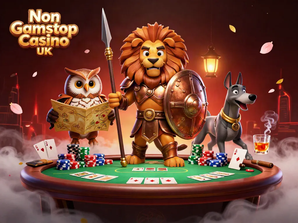 Engaging illustration of Non Gamstop Casino UK scene featuring a heroic Spartan lion and tactical owl strategist.