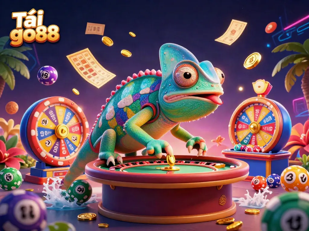 Tải go88: Engage in thrilling casino gameplay with a vibrant chameleon character amidst colorful gambling elements.