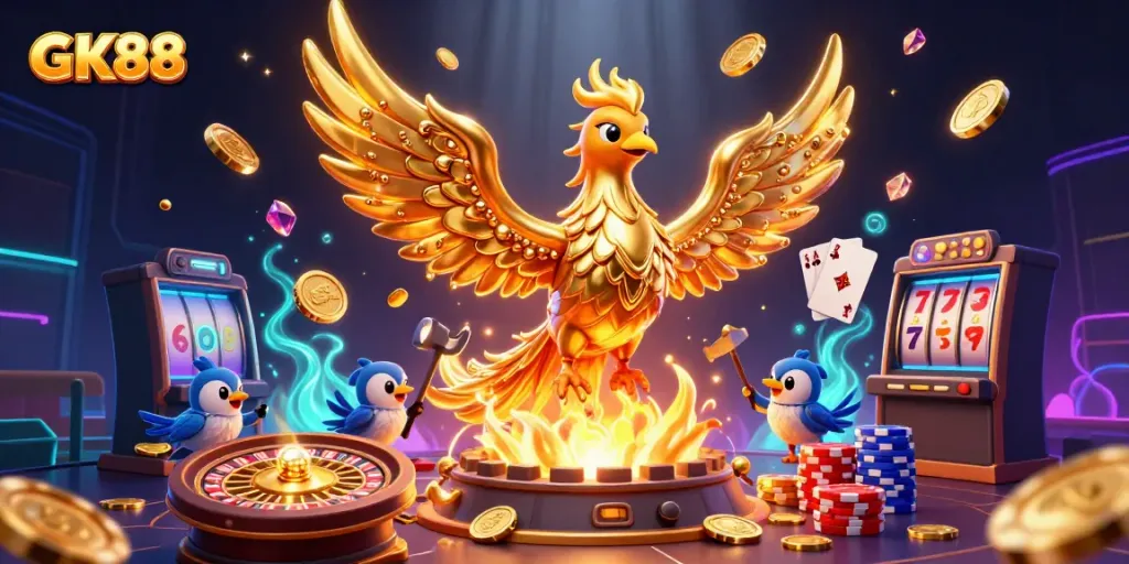 Experience the excitement of GK88 with golden coins and dynamic casino elements in a vibrant scene.