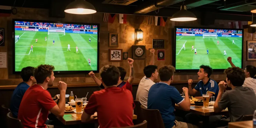 Fans enjoying Socolive broadcasts in a vibrant sports bar setting during a football match.
